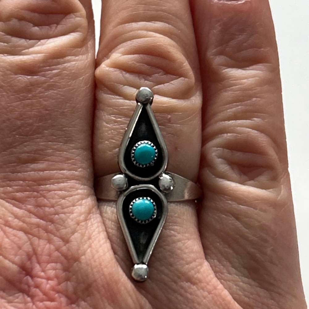 Vintage Southwestern Double Turquoise Snake Eye Sterling Silver Ring - Picture 9 of 10